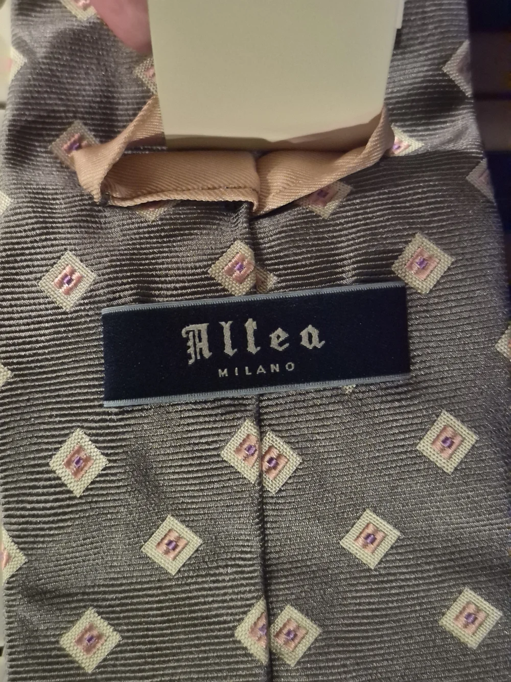 NWT Altea Milano Silk Tie Gray Geometric Pink Motif Made In Italy Luxury